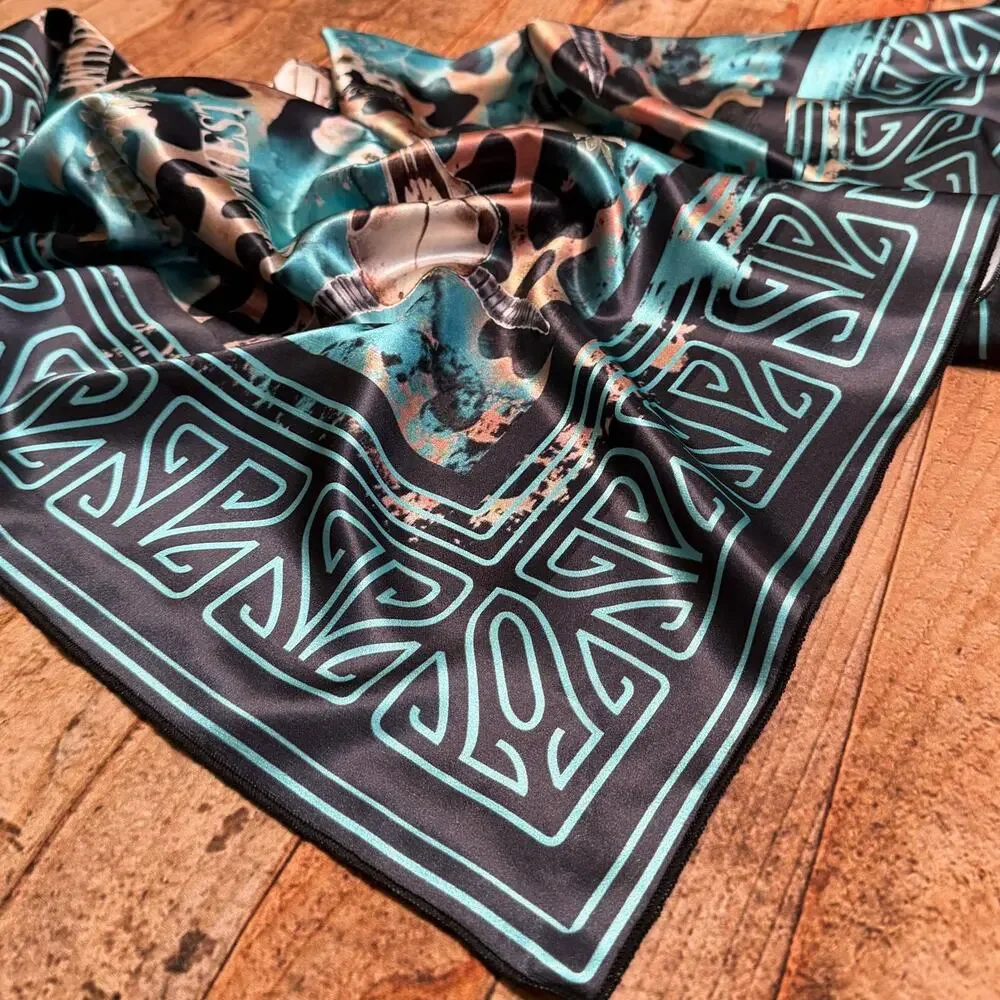 Western Longhorn Print Silky Wild Rag | 36x36 | Black & Turquoise